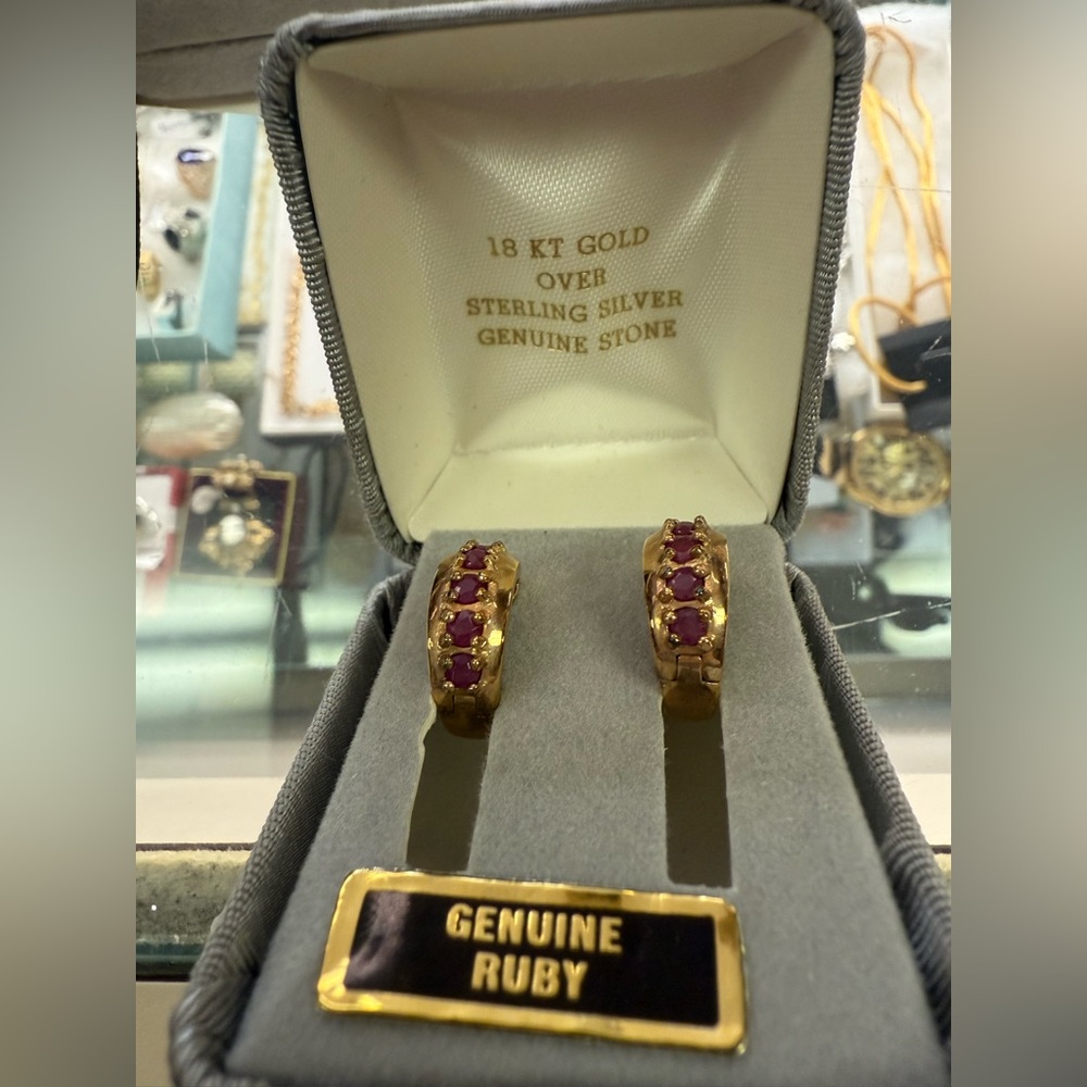 ❤️Vintage Genuine Ruby 18K Over Sterling Silver Huggie Hoop Earrings